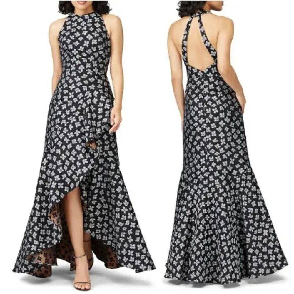 Ml Monique Lhuillier Sleeveless Black Silver Copper Floral Maxi Gown Dress 6